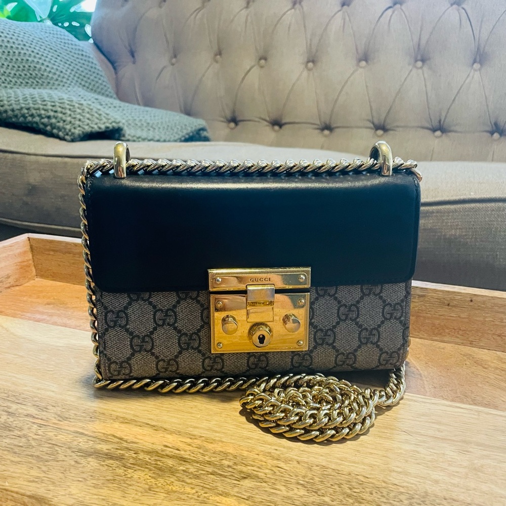 Gucci Small Padlock GG Canvas Leather Chain Shoulder Bag